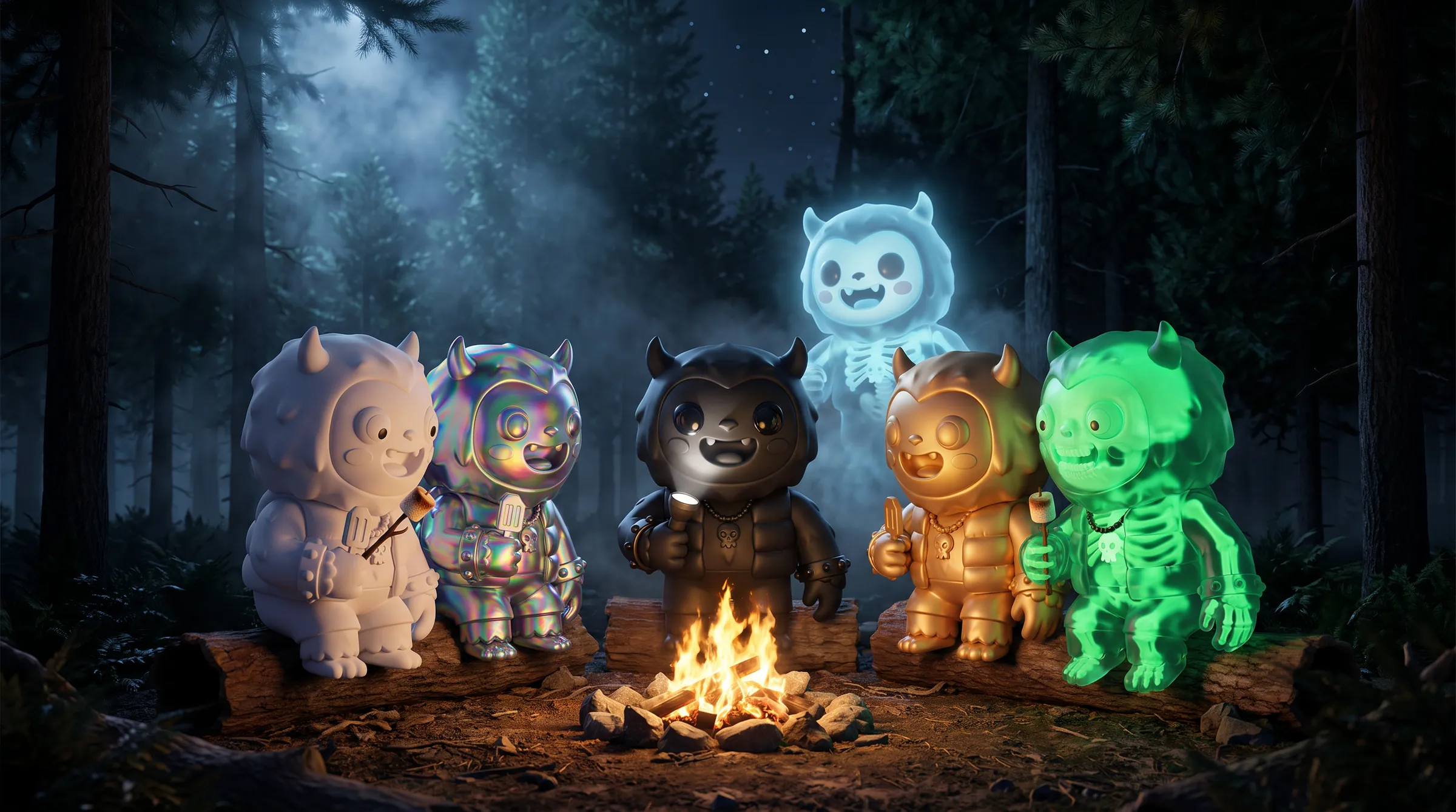 Six collectible Yetis around a campfire at night: white, holographic, black, gold, a glowing ghost and a green glow-in-the-dark skeleton