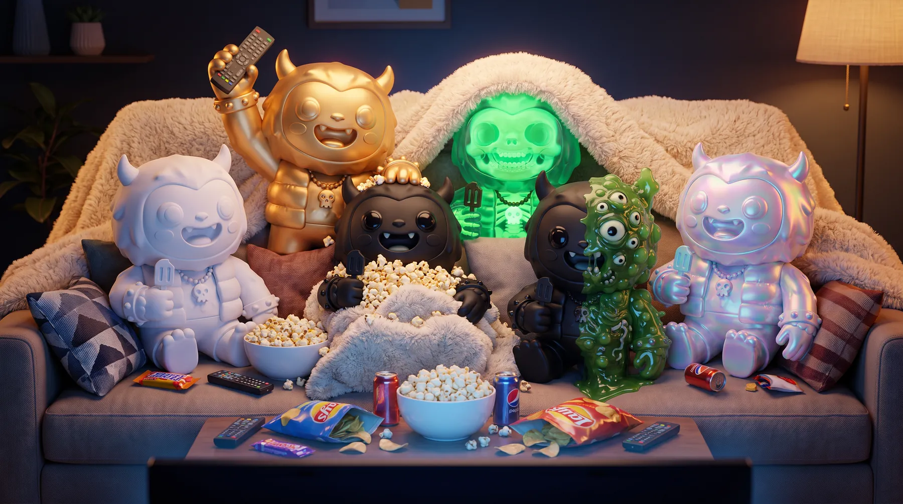 Yetis piled onto a sofa for movie night with popcorn and snacks