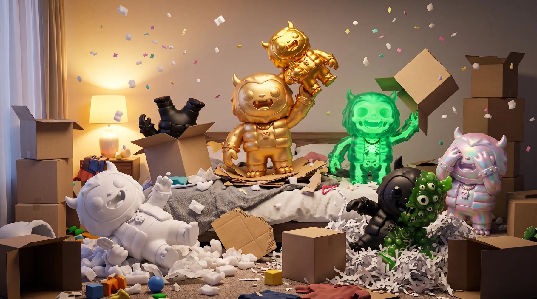 Yetis celebrating in a bedroom full of cardboard boxes and packing peanuts