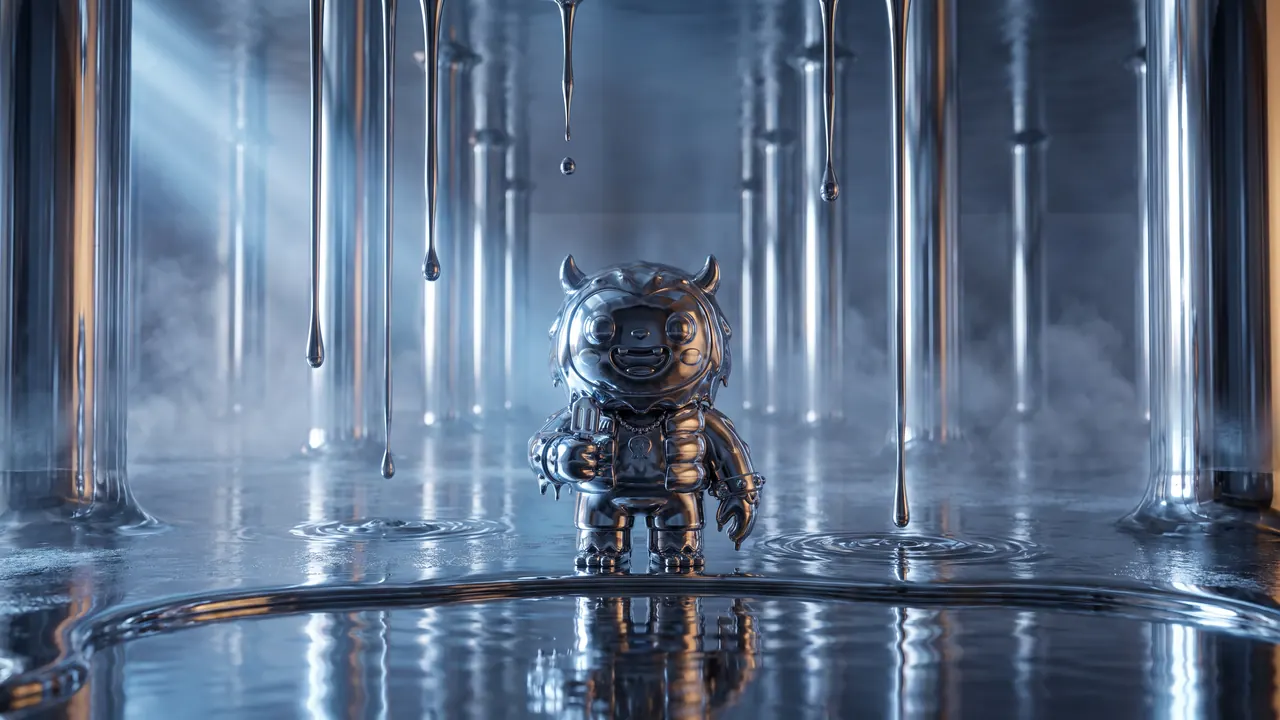 Liquid chrome Yeti in a mirrored hall
