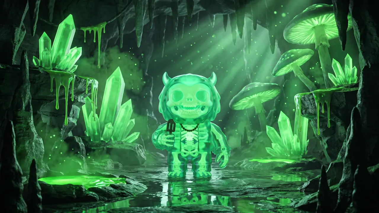 Glow-in-the-dark skeleton Yeti in a crystal cave